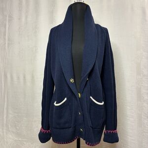 Cozy Kerri Rosenthal Navy Cashmere Cotton Anchor Cardigan Shawl Collar